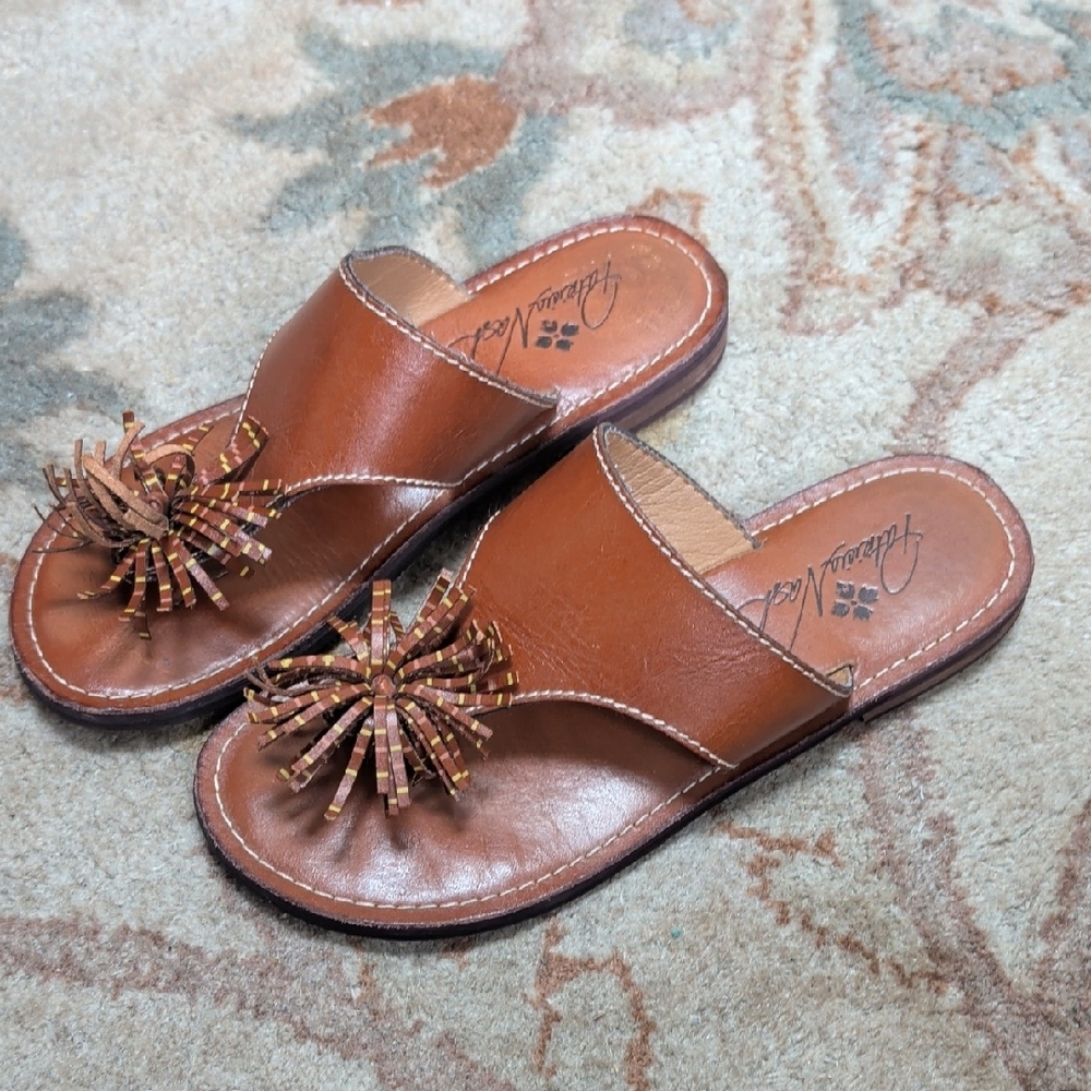 Patricia Nash Franca Brown Leather Slide Sandals with Fringe Accent